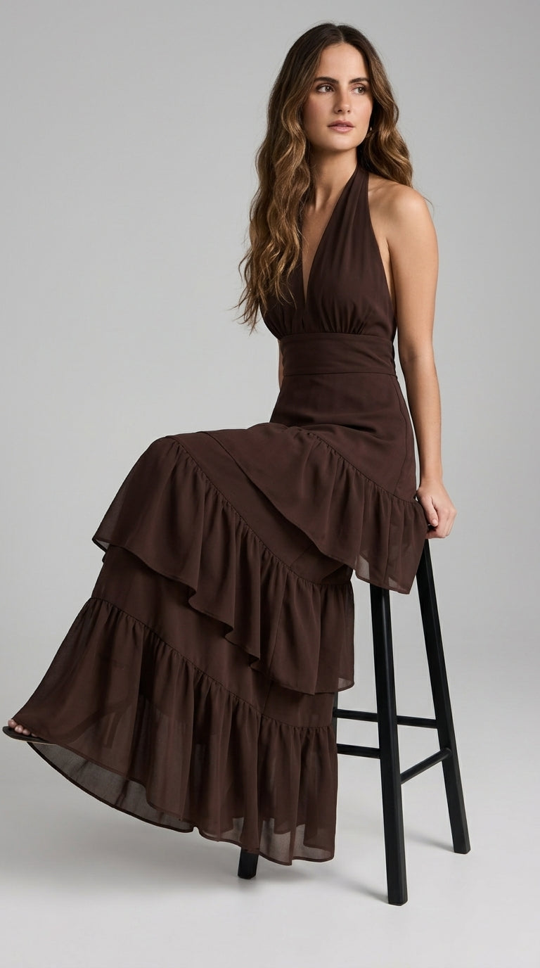 Manila Dress in Brown - Halter Tiered Ruffle Maxi Dress