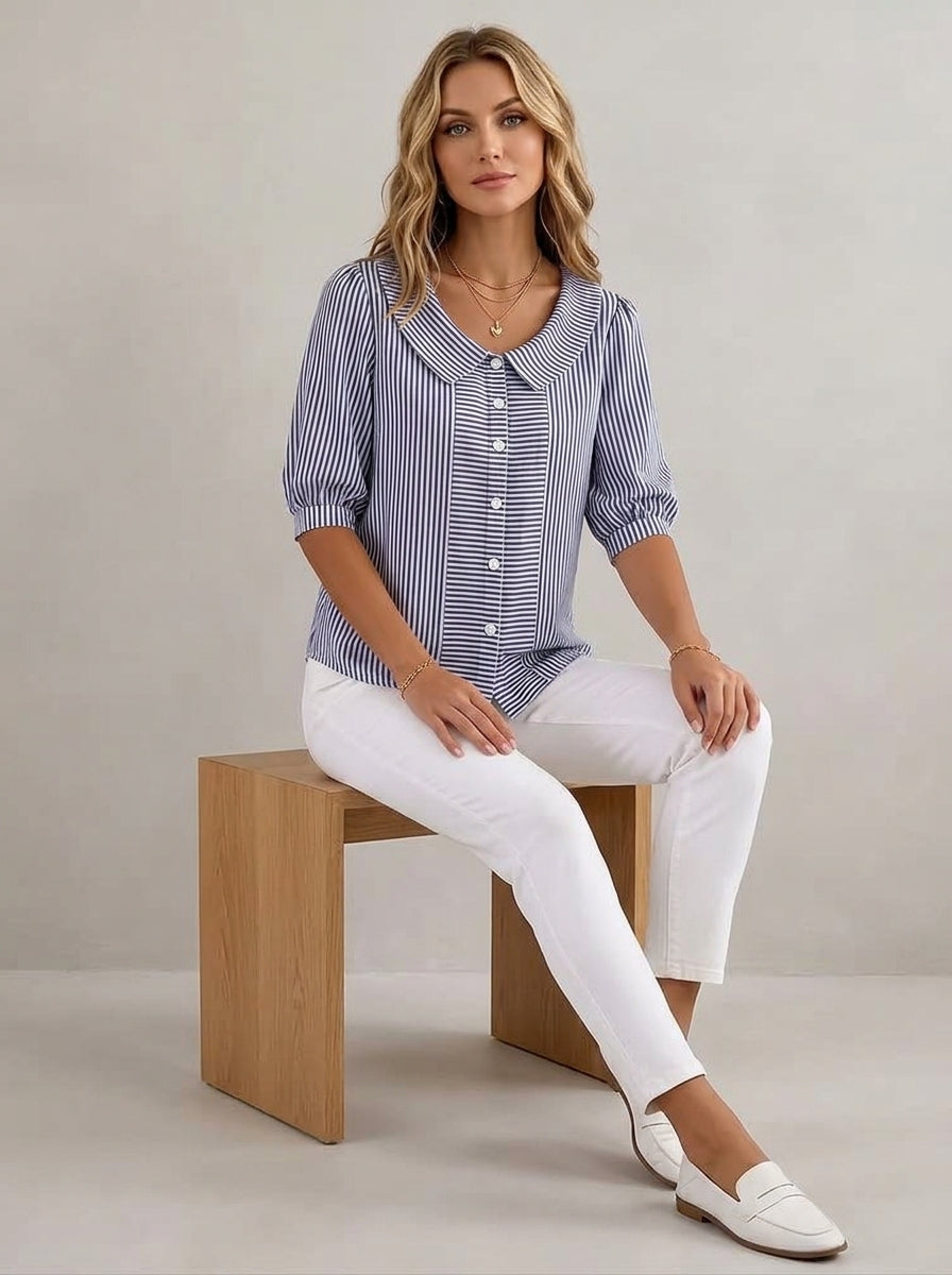 Striped Peter Pan Collar Blouse - Retro Cotton Linen Button-Front Top
