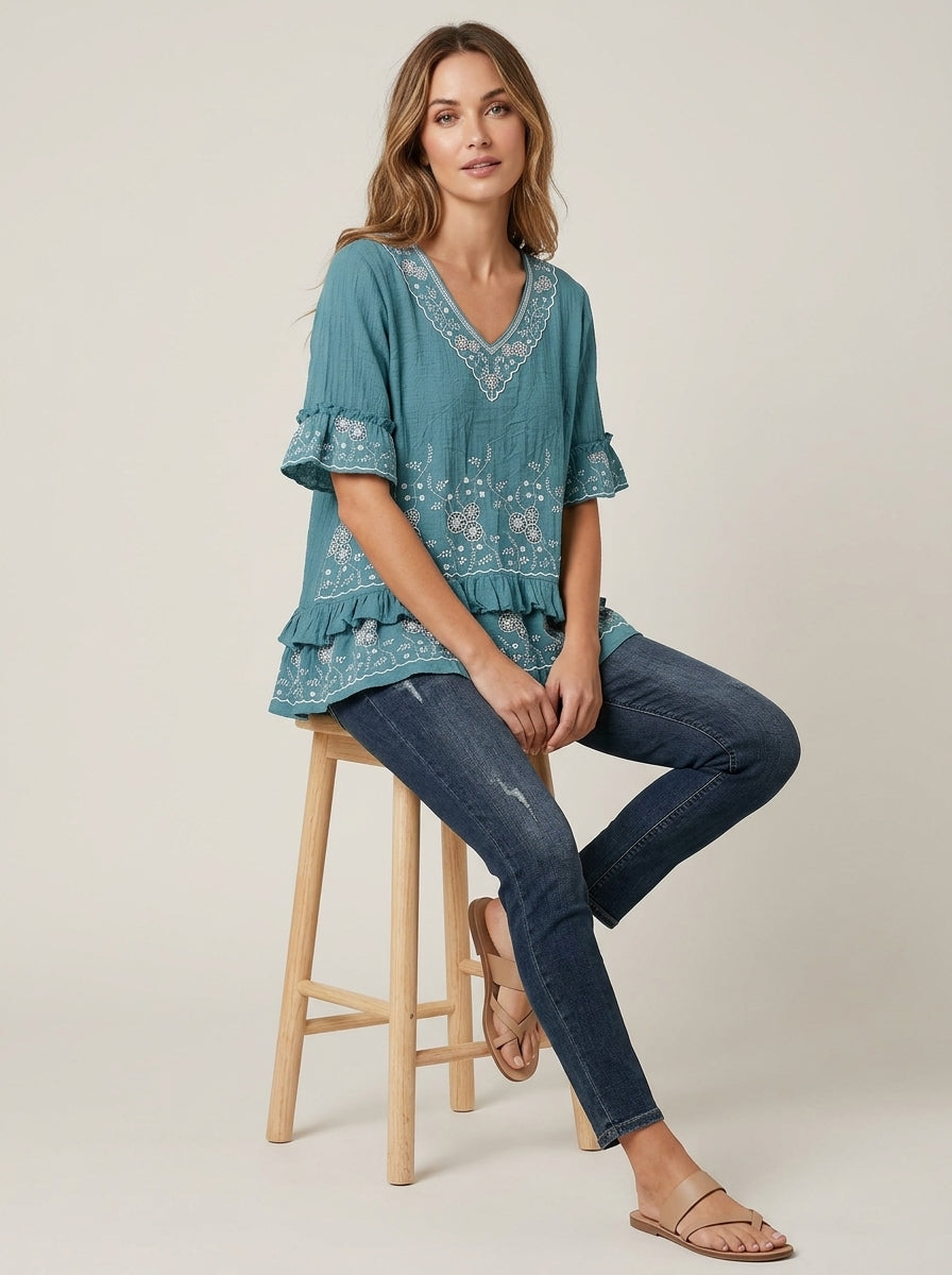Teal Floral Embroidered V-Neck Blouse - Boho Ruffle Sleeve Peplum Top