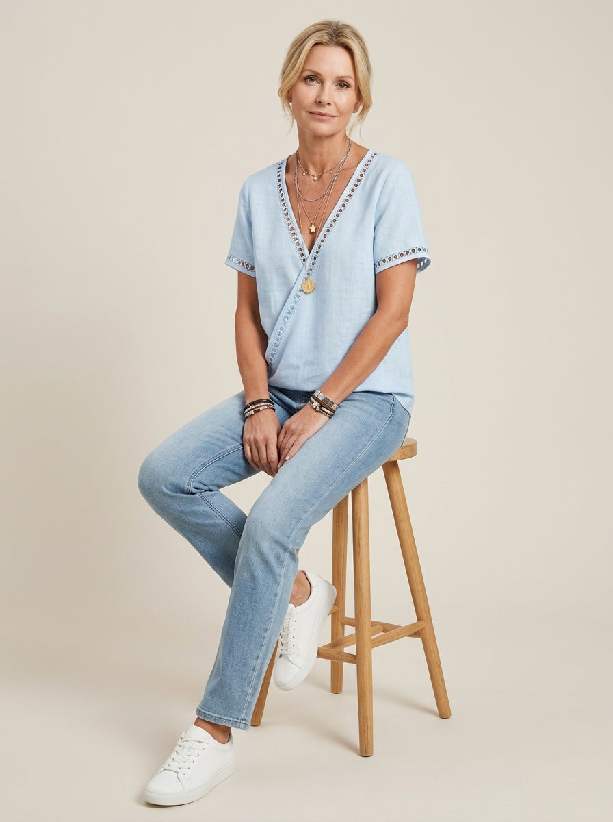Blue Eyelet Trim V-Neck Blouse - Faux Wrap Short Sleeve Cotton Top