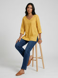 Casual Cotton Blouse - Yellow V-Neck 3/4 Sleeve Floral Embroidered Top