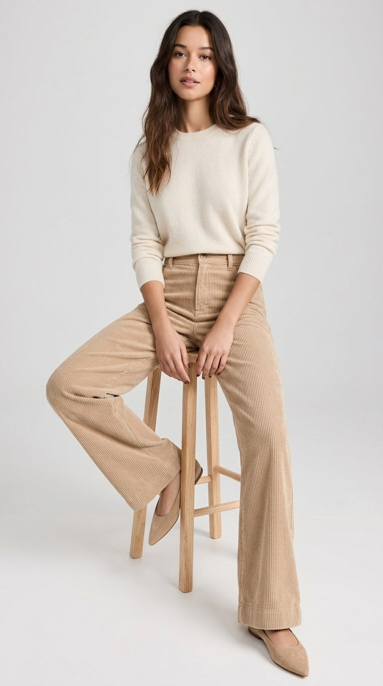 Corduroy Pants in Beige - Wide Leg High-Waisted Corduroy Trousers