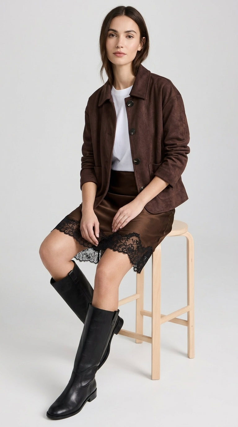 Dark Chocolate Suede Jacket - Button-Up Faux Suede Shirt Jacket