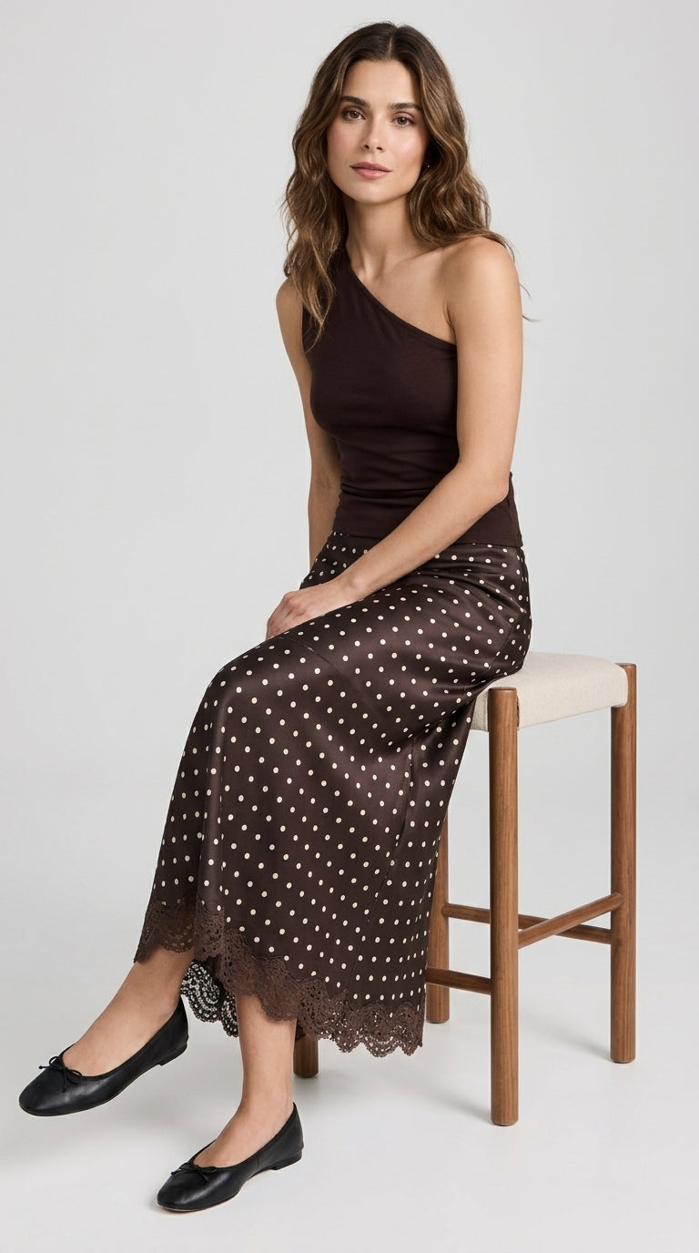 Polka Dot Satin Skirt with Lace Detail in Dark Brown - Elastic Waist Lace-Trim Maxi Skirt