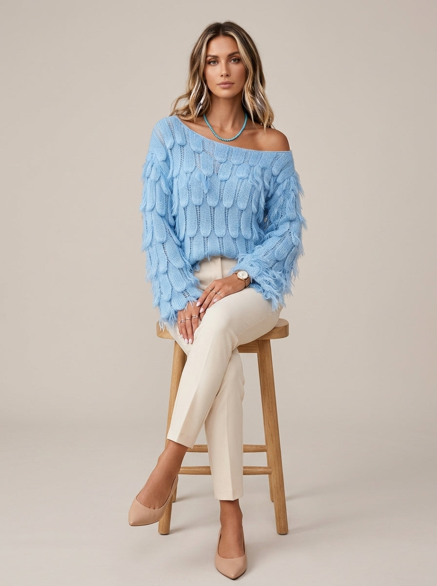 Boho Feather-shaped Bell-sleeve Knit Pullover - Sky Blue Off-Shoulder Fringe Knit Sweater