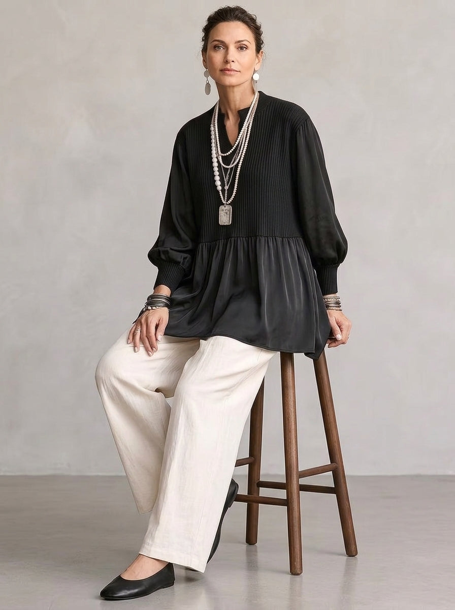 Ribbed Peplum Mixed-Media Tunic - Black Split V-Neck Bishop Sleeve Blouse
