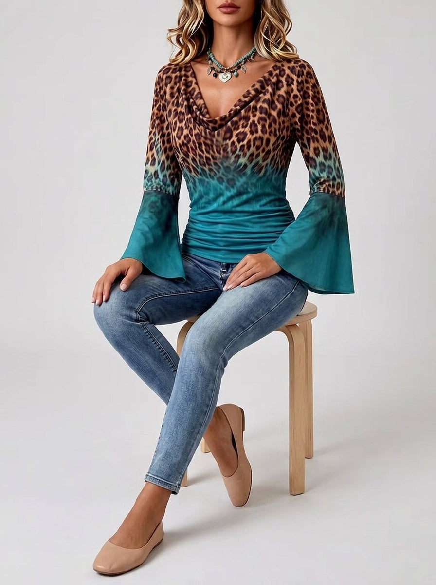 Leopard Print Ombre Cowl Neck Top - Teal Bell Sleeve Blouse