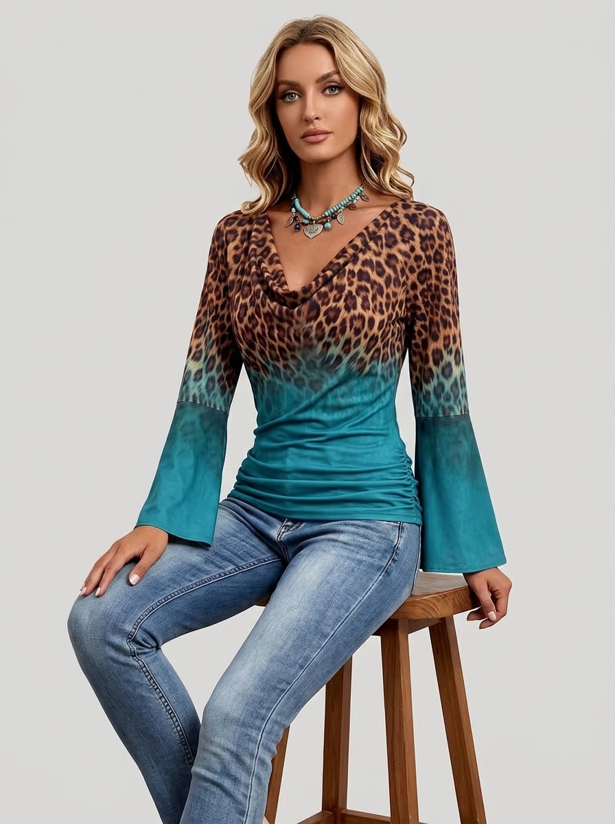 Leopard Print Ombre Cowl Neck Top - Teal Bell Sleeve Blouse