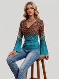 Leopard Print Ombre Cowl Neck Top - Teal Bell Sleeve Blouse