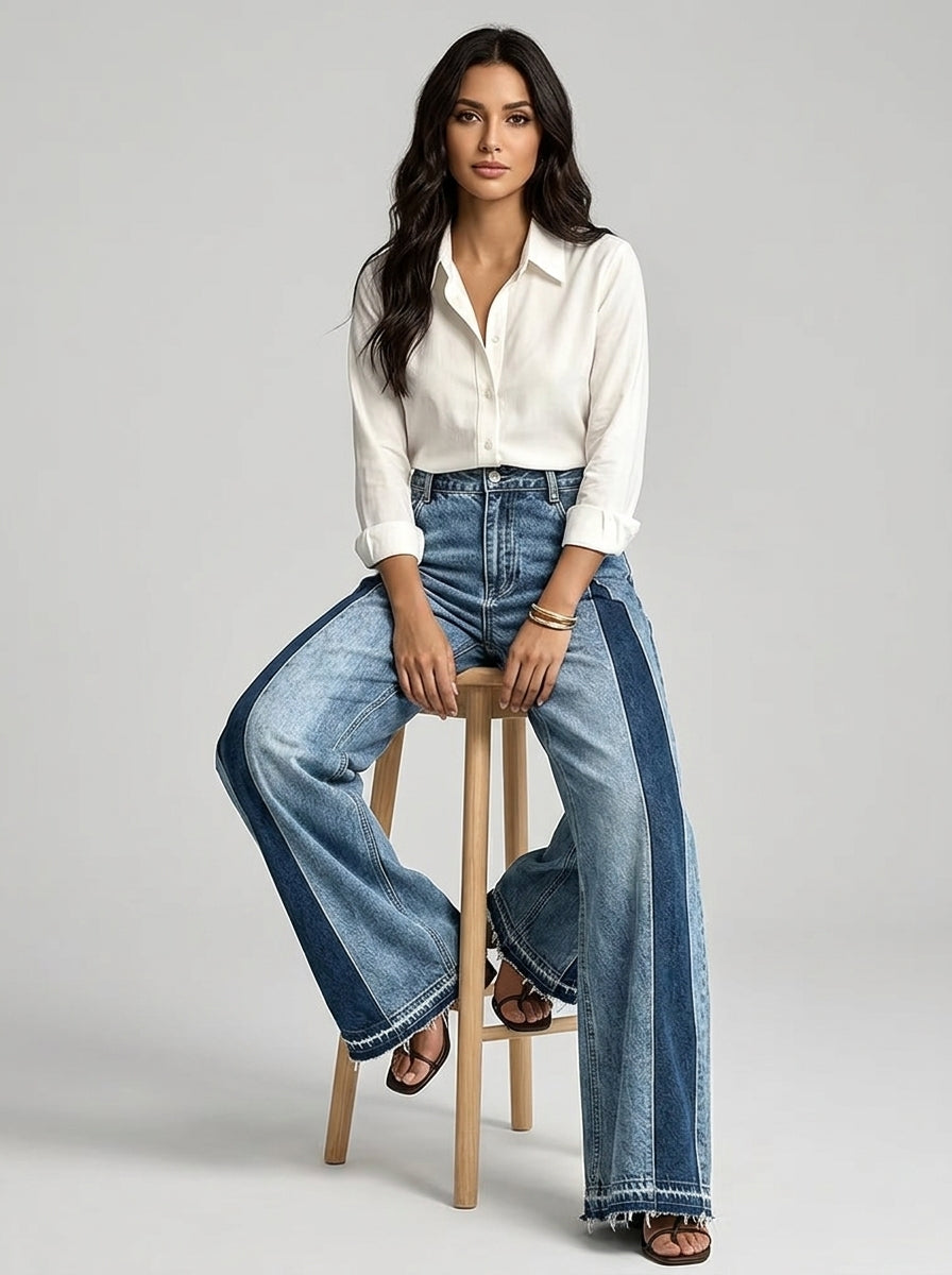 Color-Block Patchwork Wide-Leg Jeans - High-Waist Contrast Denim Pants