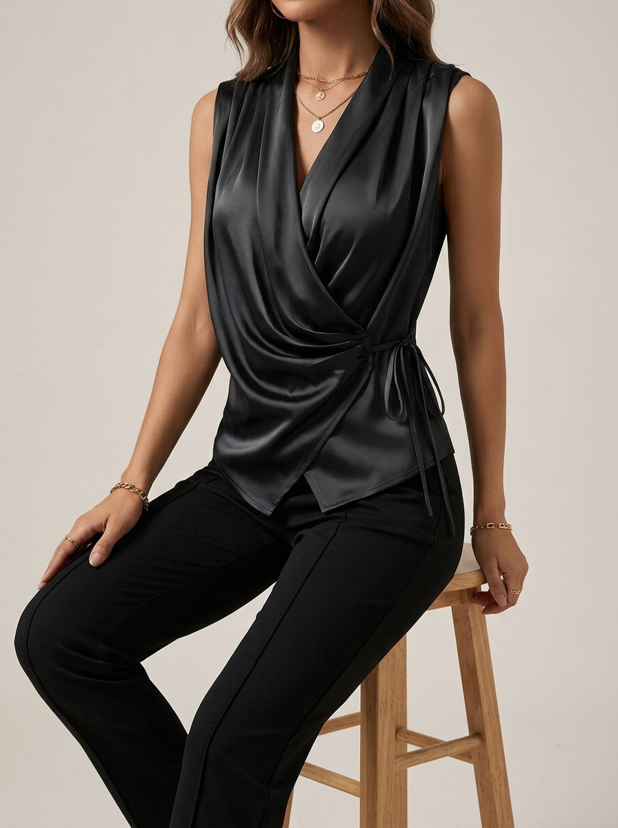 Cross Wrap Sleeveless Top - Draped V-Neck Tie-Waist Blouse
