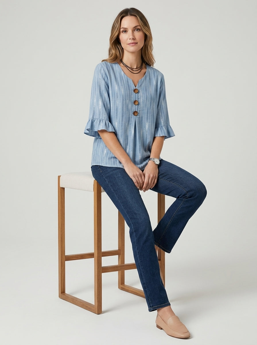 Striped Bell Sleeve Top - Button Front V-Neck Blouse