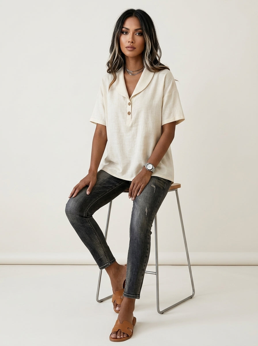 Collared Two-Button Placket Top - Short Sleeve Cotton Linen Blouse