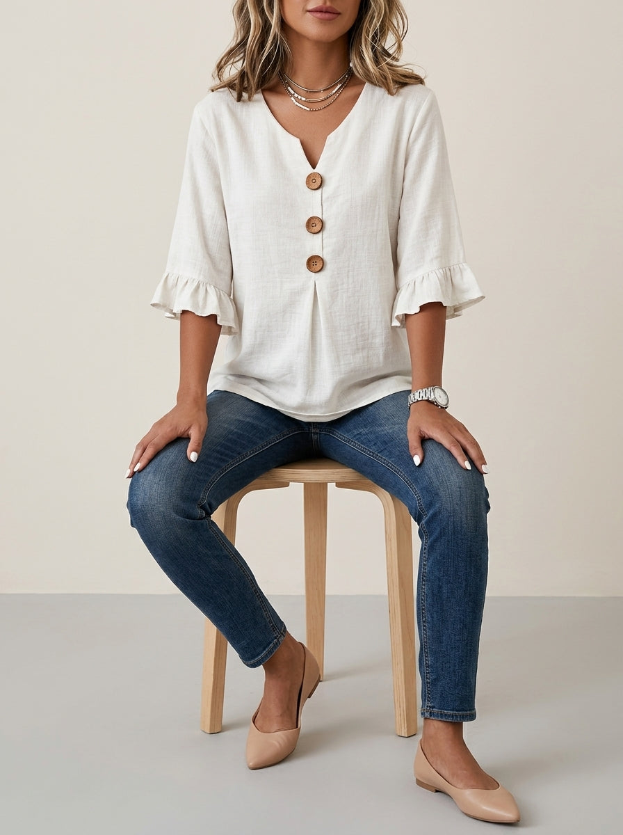 White V-Neck Wood Button Blouse - Ruffle Bell Sleeve Casual Top