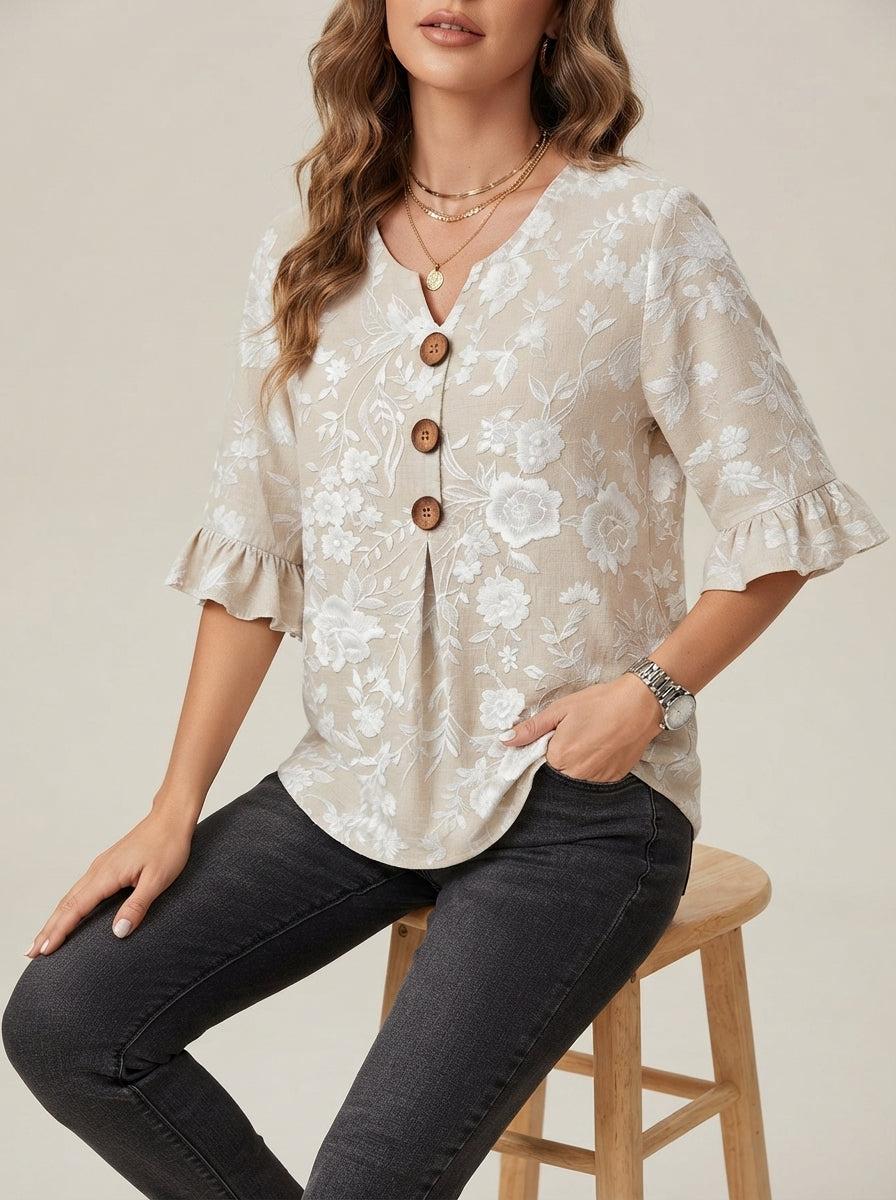 Beige Floral Print Blouse - Wood Button V-Neck Ruffle Sleeve Top
