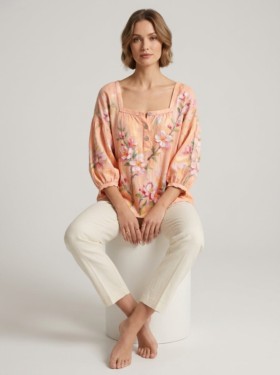 Peach Floral Print Blouse - Square Neck Balloon Sleeve Top