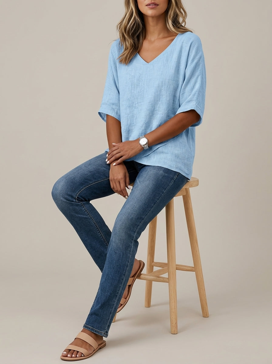 Light Blue V-Neck Blouse - Dolman Sleeve Asymmetric Hem Top