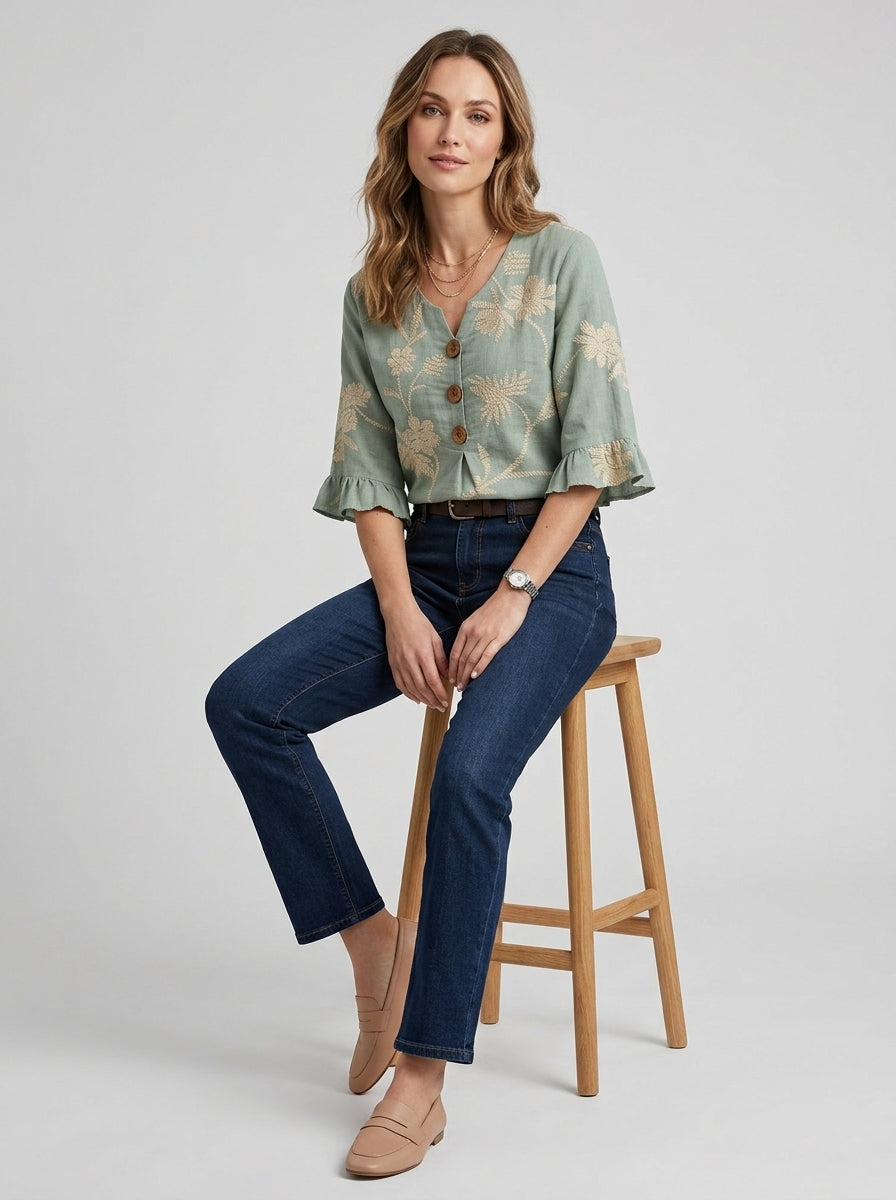 Sage Green Floral Print Blouse - Wood Button Ruffle Sleeve Top