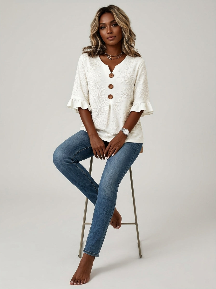 White Tonal Damask Print Blouse - Wood Button Ruffle Sleeve V-Neck