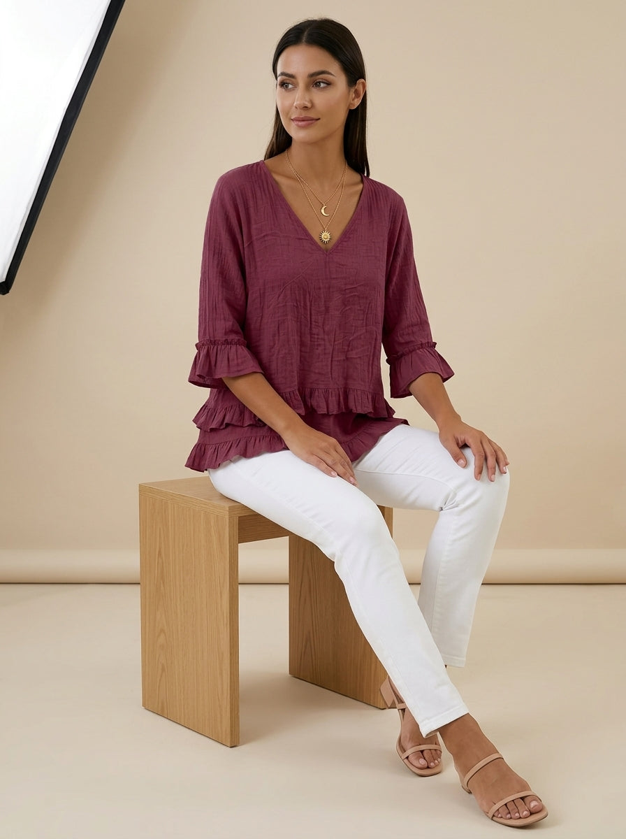 Casual Cotton Linen V-Neck Ruffle Blouse in Burgundy - 3/4 Sleeve Tiered Ruffle Hem Blouse