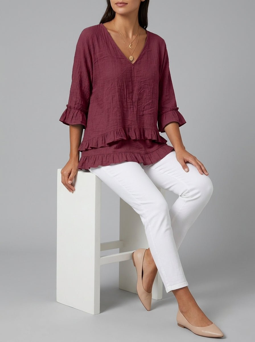 Casual Cotton Linen V-Neck Ruffle Blouse in Burgundy - 3/4 Sleeve Tiered Ruffle Hem Blouse