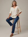 Retro Floral Embroidered V-Neck Ruffle Blouse in Cream - Button Placket 3/4 Sleeve Top