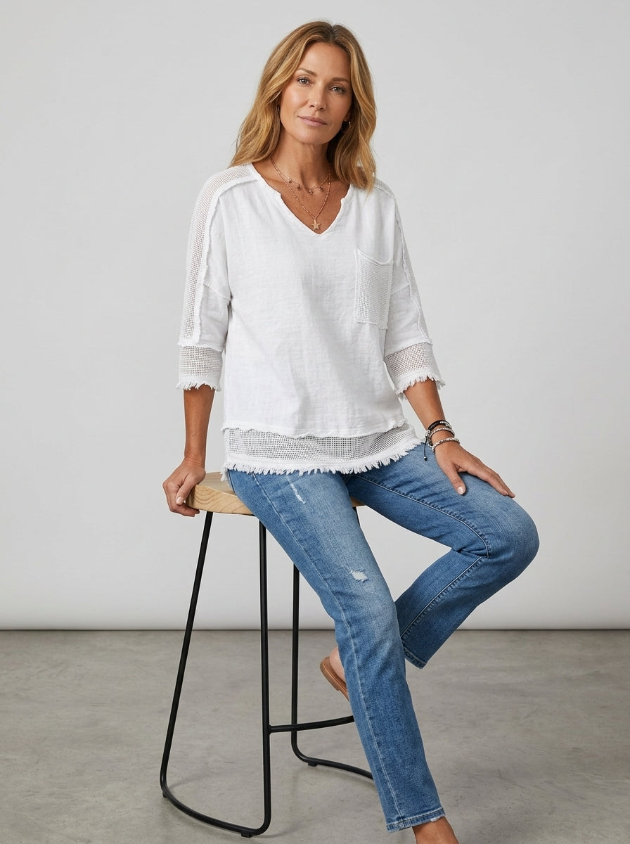Casual Linen Cotton Color-Block Top in White - Raw-Edge Waffle Knit V-Neck Top