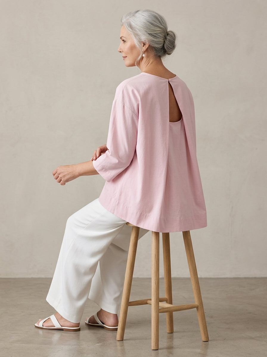 Elegant Cotton Open-Back Blouse in Blush Pink - Round Neck Keyhole Cutout Top