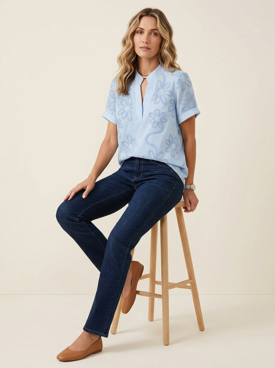 Casual Abstract Floral Print Notched V-Neck Top in Light Blue - Short Sleeve Split Neck Blouse