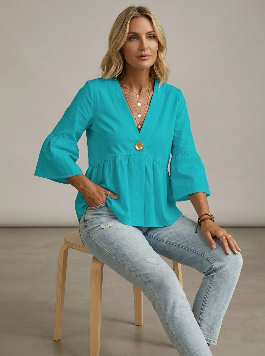 Casual Relaxed V-Neck Peplum Top in Turquoise - Bell Sleeve Single-Button Blouse