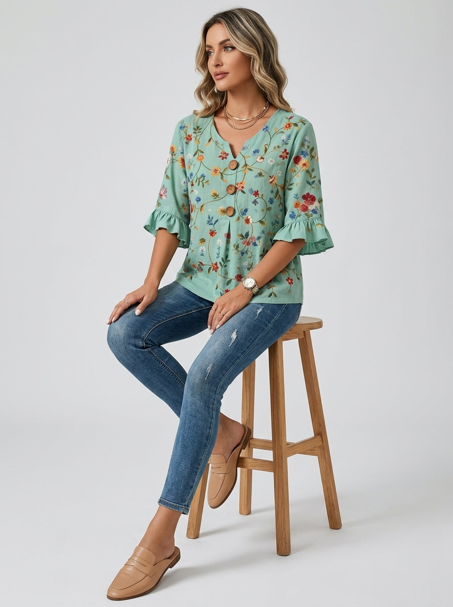 Casual Multicolor Floral Print Button-Front Top in Mint Green - Ruffle Sleeve V-Neck Blouse