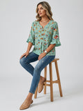 Casual Multicolor Floral Print Button-Front Top in Mint Green - Ruffle Sleeve V-Neck Blouse