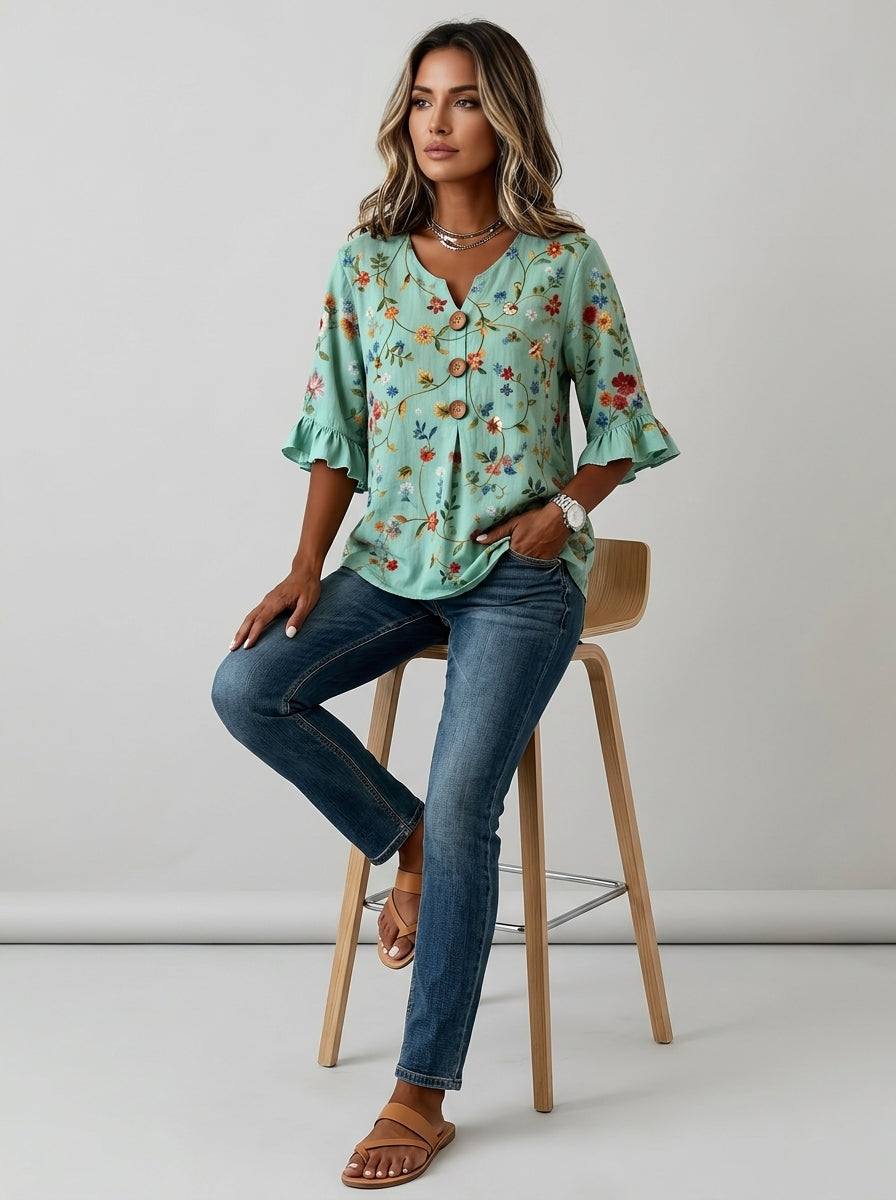 Casual Multicolor Floral Print Button-Front Top in Mint Green - Ruffle Sleeve V-Neck Blouse