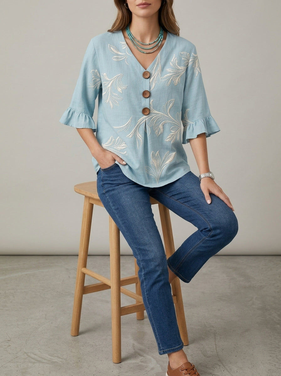Casual Botanical Leaf Print Button-Front Top in Light Blue - Ruffle Sleeve V-Neck Blouse
