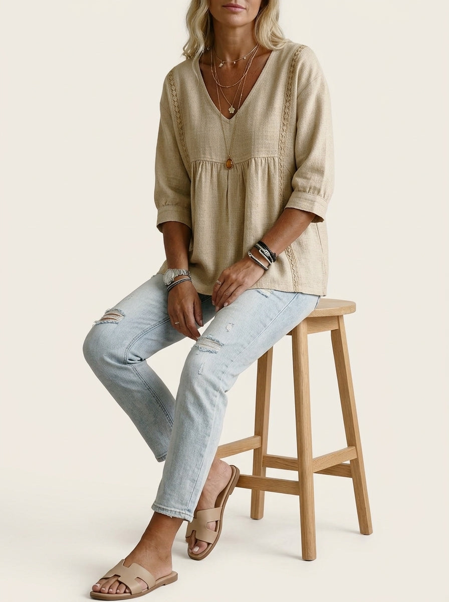 Casual Linen Cotton Lace-Trim Babydoll Blouse in Beige - V-Neck 3/4 Sleeve Top