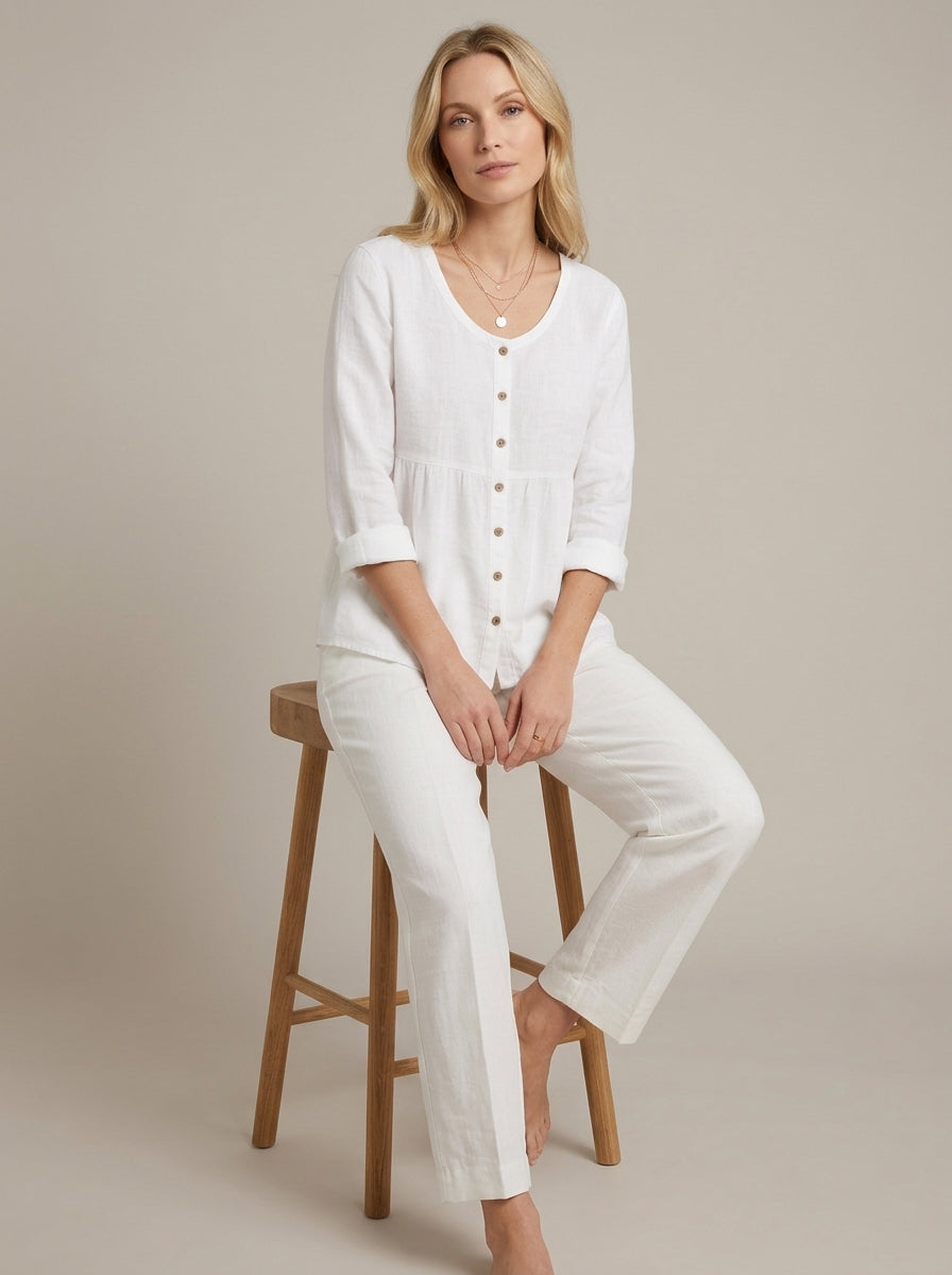White Linen Cotton Blend Shirt - Round Neck Button-Up Peplum Top