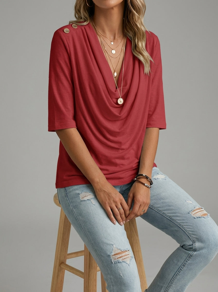 Elegant Cotton Blend Top - Red Cowl Neck Button-Shoulder Blouse