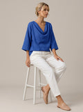 Elegant Cotton Linen Blouse - Blue Cowl Neck 3/4 Sleeve Top
