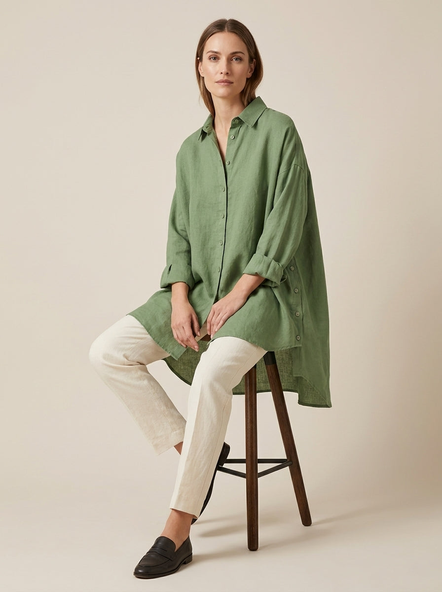 Casual Cotton Blend Shirt - Green Relaxed Long Sleeve Button-Up Top