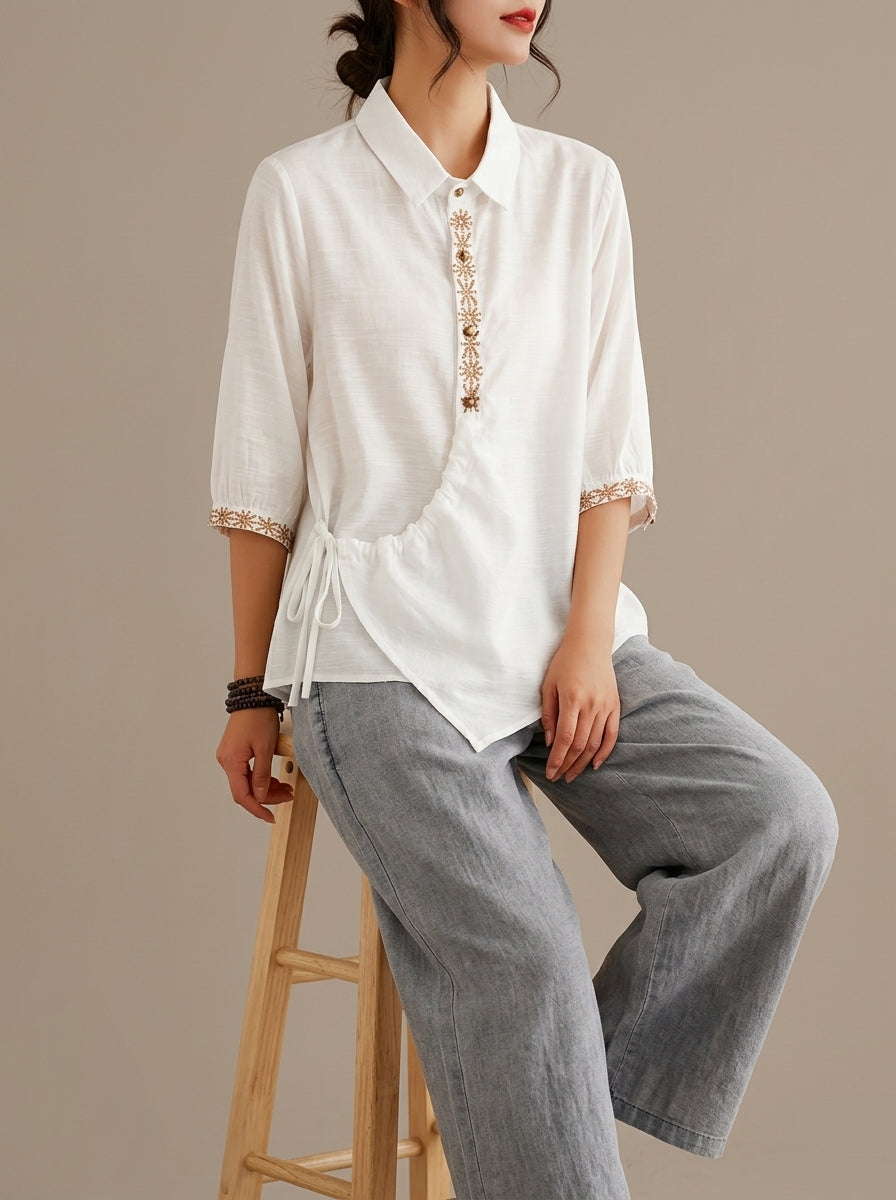 Vintage Cotton Shirt - White Embroidered Placket Half Sleeve Top