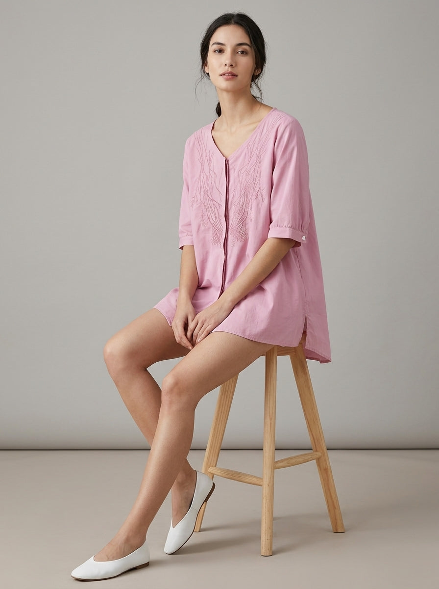Versatile Embroidered Blouse - Pink V-Neck Half Sleeve Loose Top