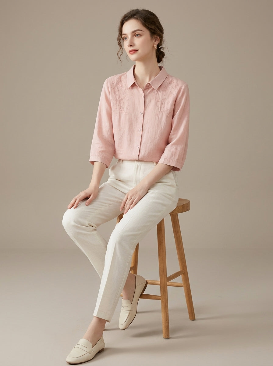 Retro Loose Cotton Shirt - Pink Embroidered Collar 3/4 Sleeve Top