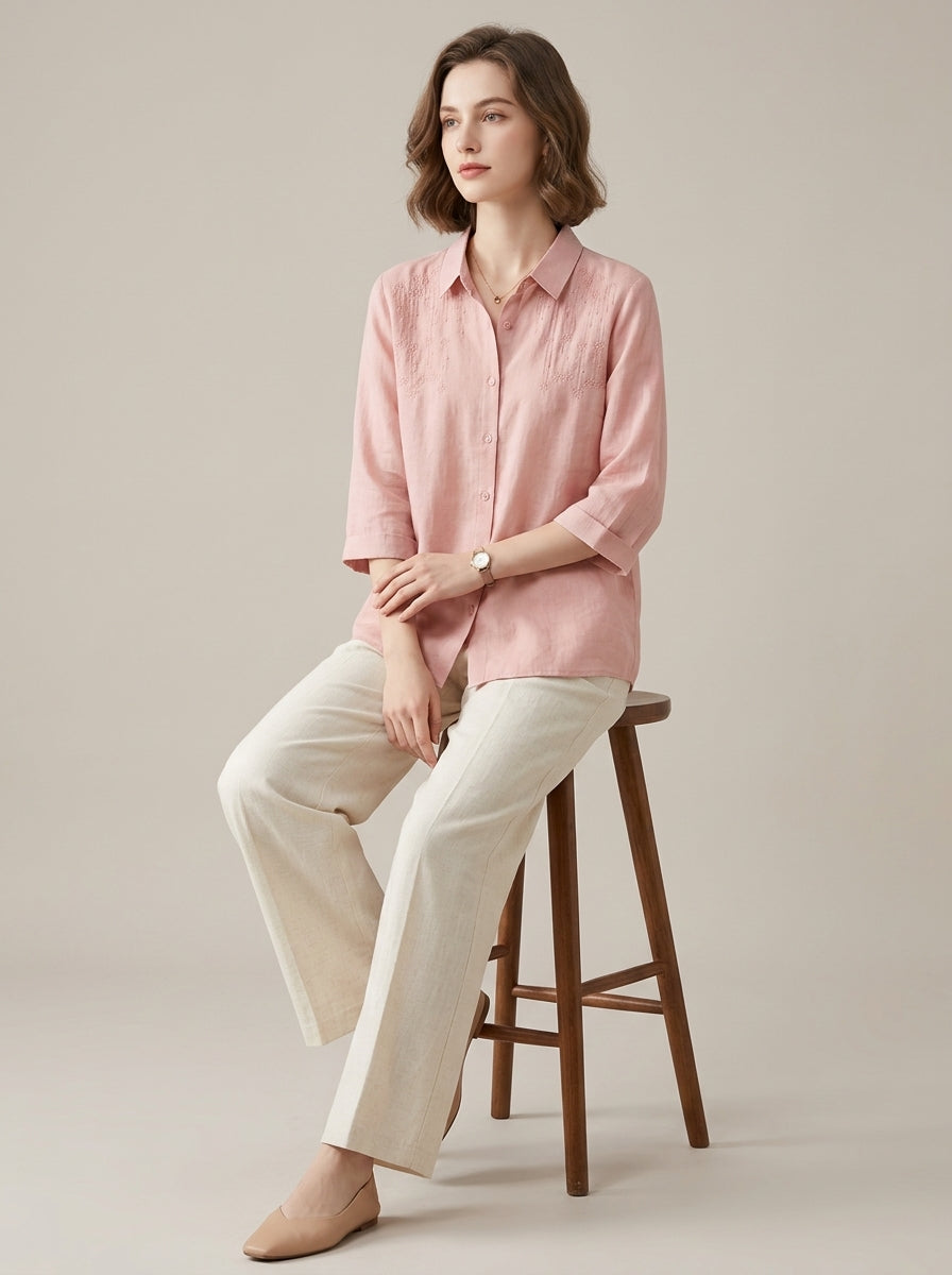 Retro Loose Cotton Shirt - Pink Embroidered Collar 3/4 Sleeve Top
