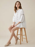 Loose Vintage Blouse - White Peter Pan Collar Embroidered Sleeve Top