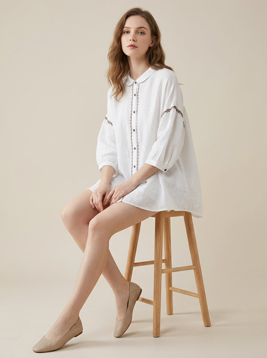 Loose Vintage Blouse - White Peter Pan Collar Embroidered Sleeve Top