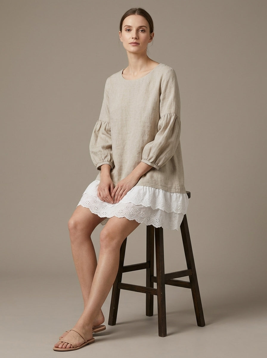 Loose Casual Blouse - Beige Round Neck Lace Ruffle Hem Long Sleeve Top