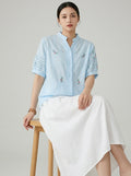 Vintage Embroidered Cotton Blouse - Blue Mandarin Collar Short Sleeve Top
