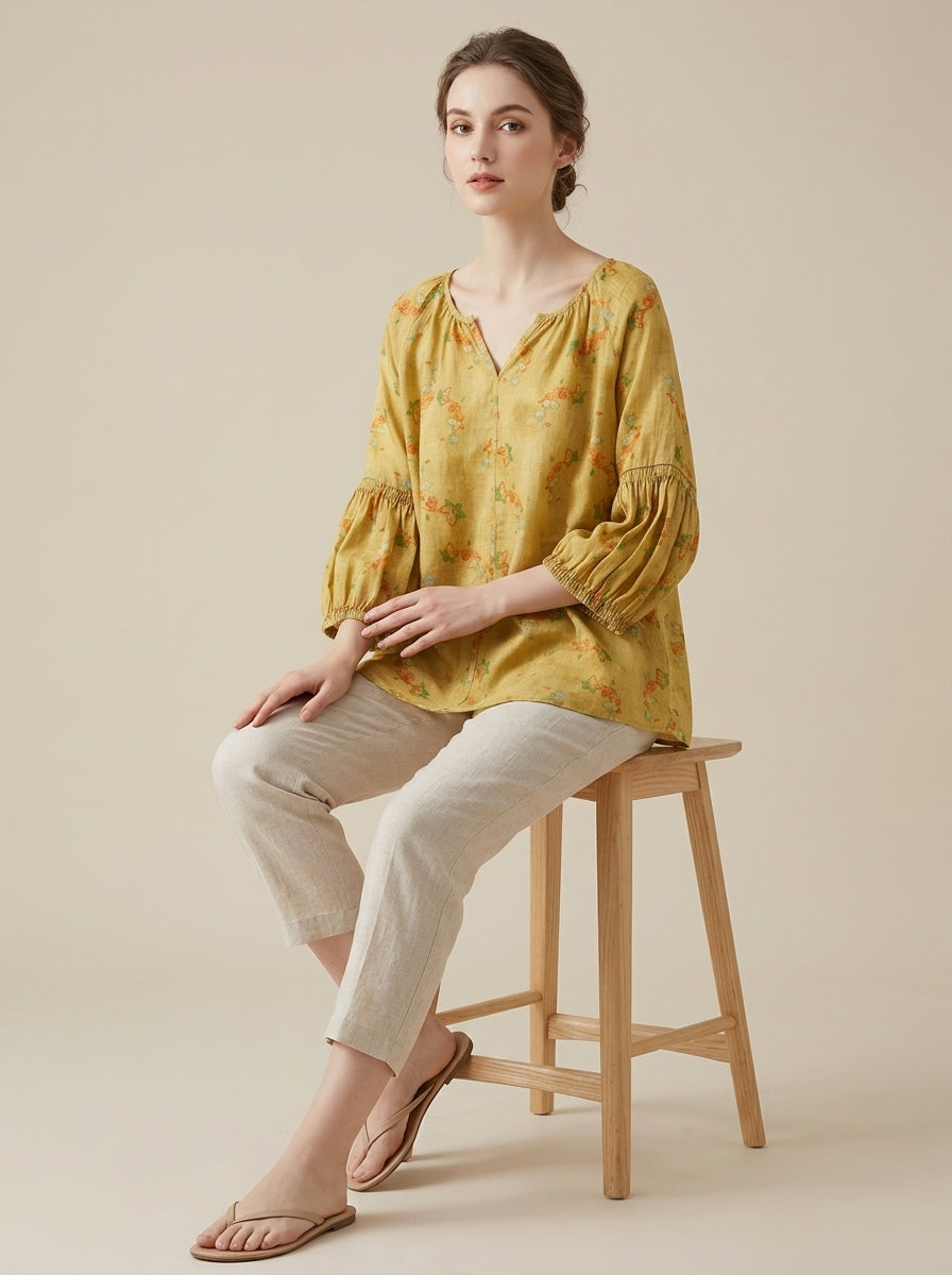 Loose Boho Cotton Blouse - Yellow Floral Print V-Neck Peasant Top