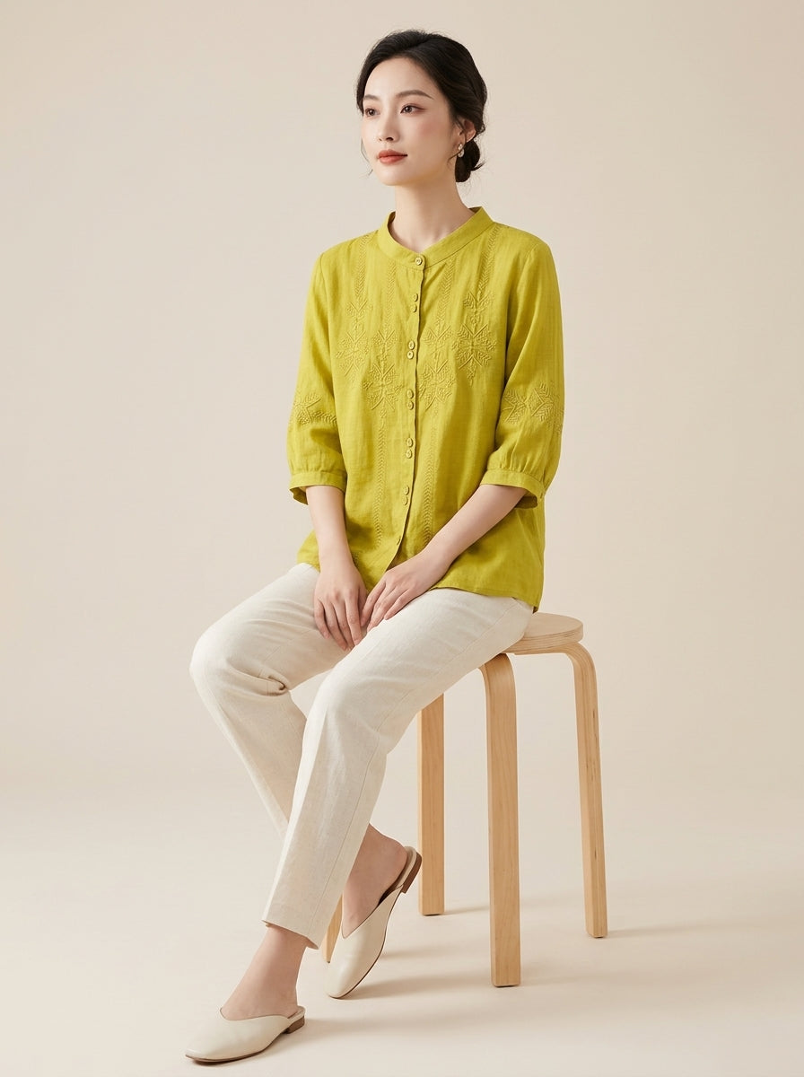Loose Boho Embroidered Blouse - Chartreuse Mandarin Collar 3/4 Sleeve Top