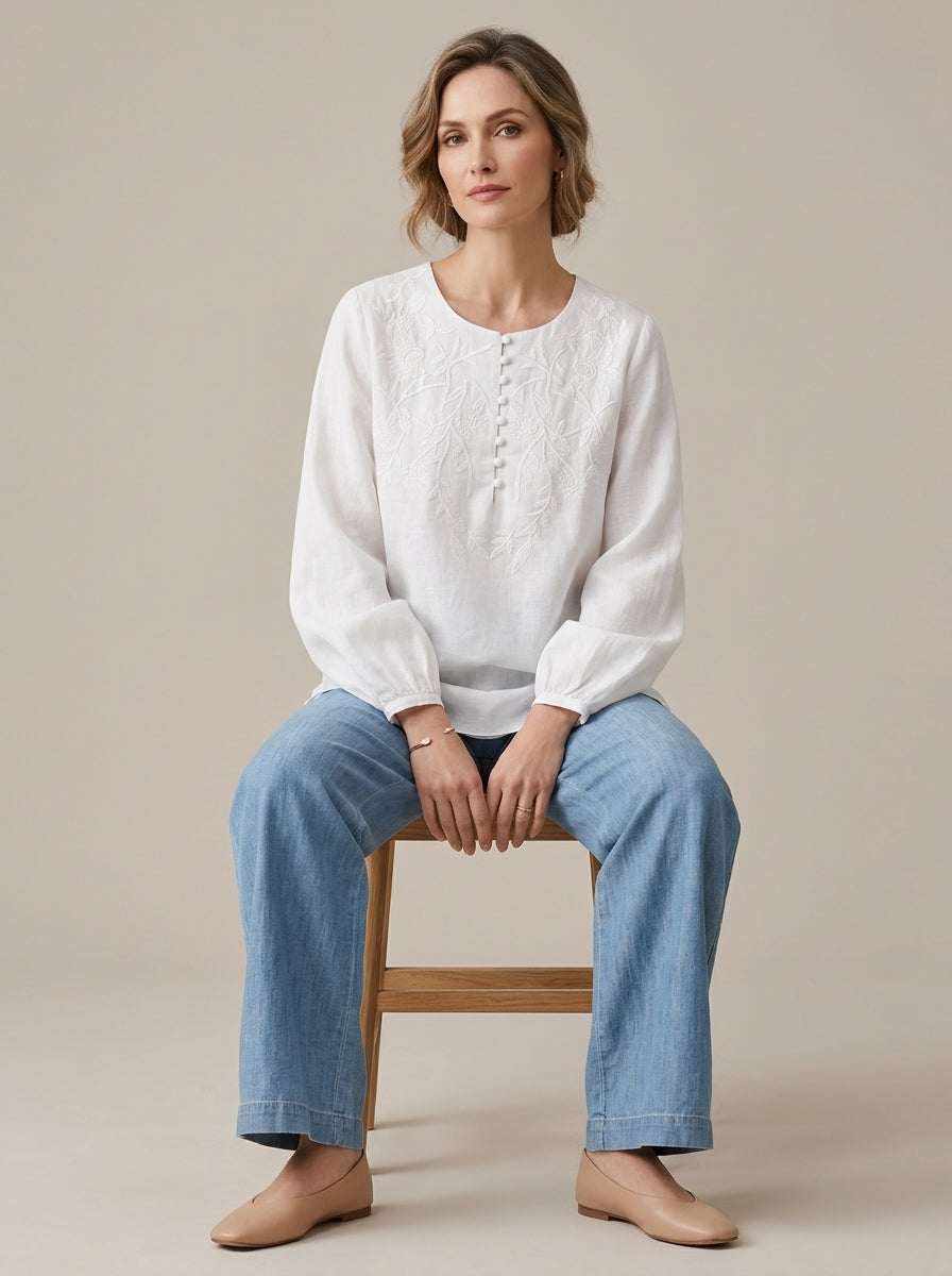 Versatile Boho Embroidered Blouse - White Round Neck Long Sleeve Top